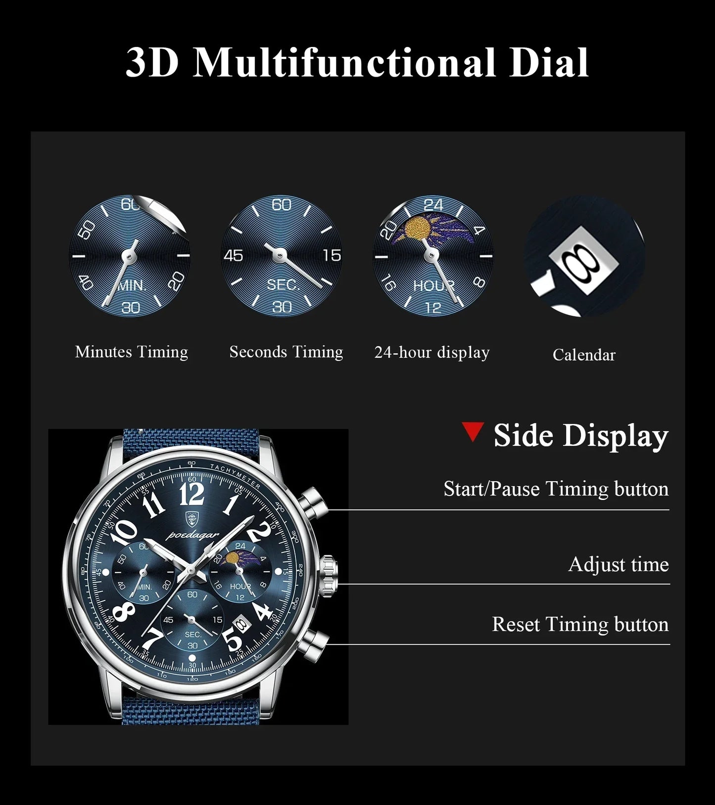 POEDAGAR Tactical Chronograph Watch