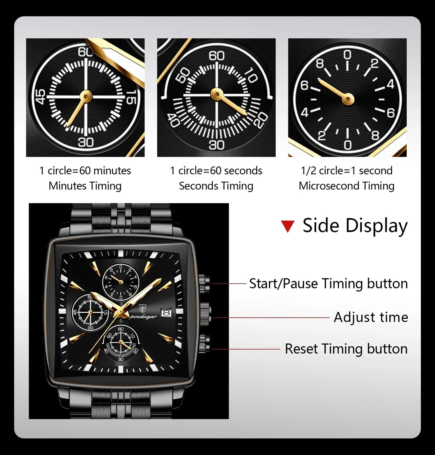 POEDAGAR Prestige Square Chronograph Watch