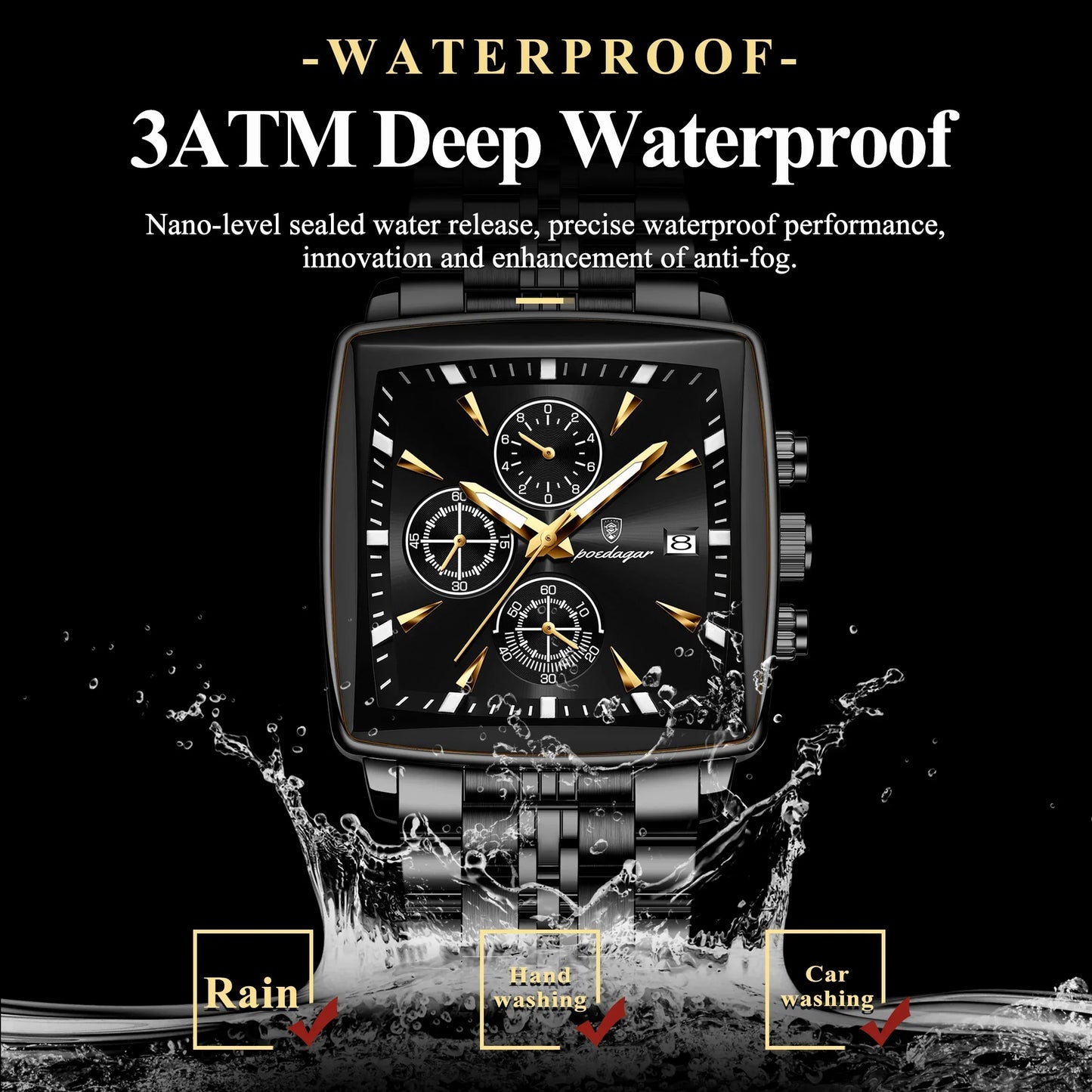 POEDAGAR Square Steel Watch